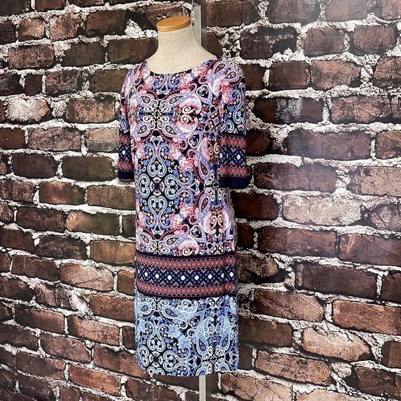Eliza J Dress Blue Red Paisley Floral Print Knee Length Stretchy 6 - Picture 6 of 10